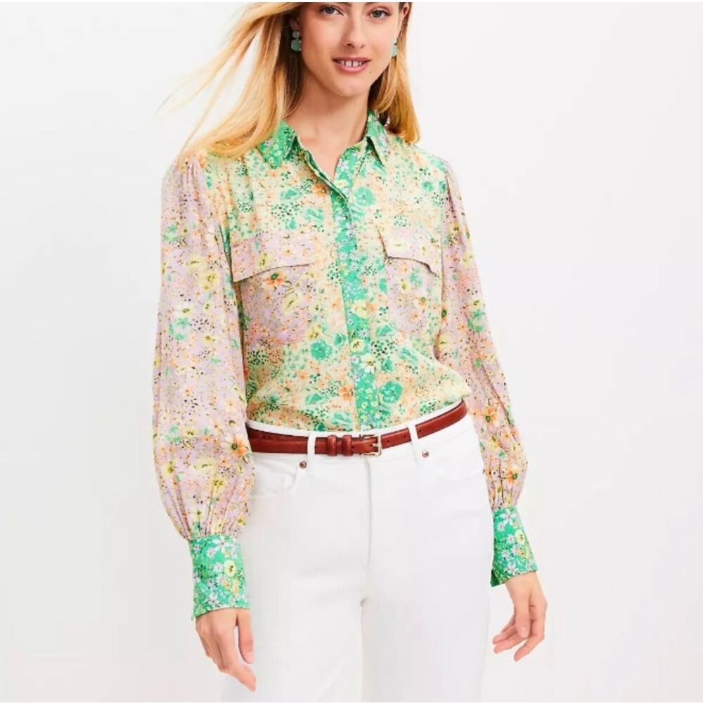 LOFT Floral Blouse‎ Medium Sheer Long Sleeve Button Front Spring Cottagecore